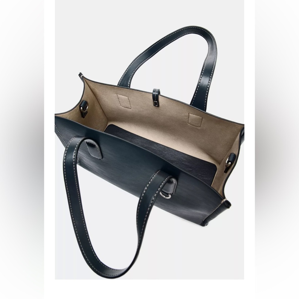 Zara NWT dark navy blue top handle faux leather shopper bag removable straps - Picture 5 of 6